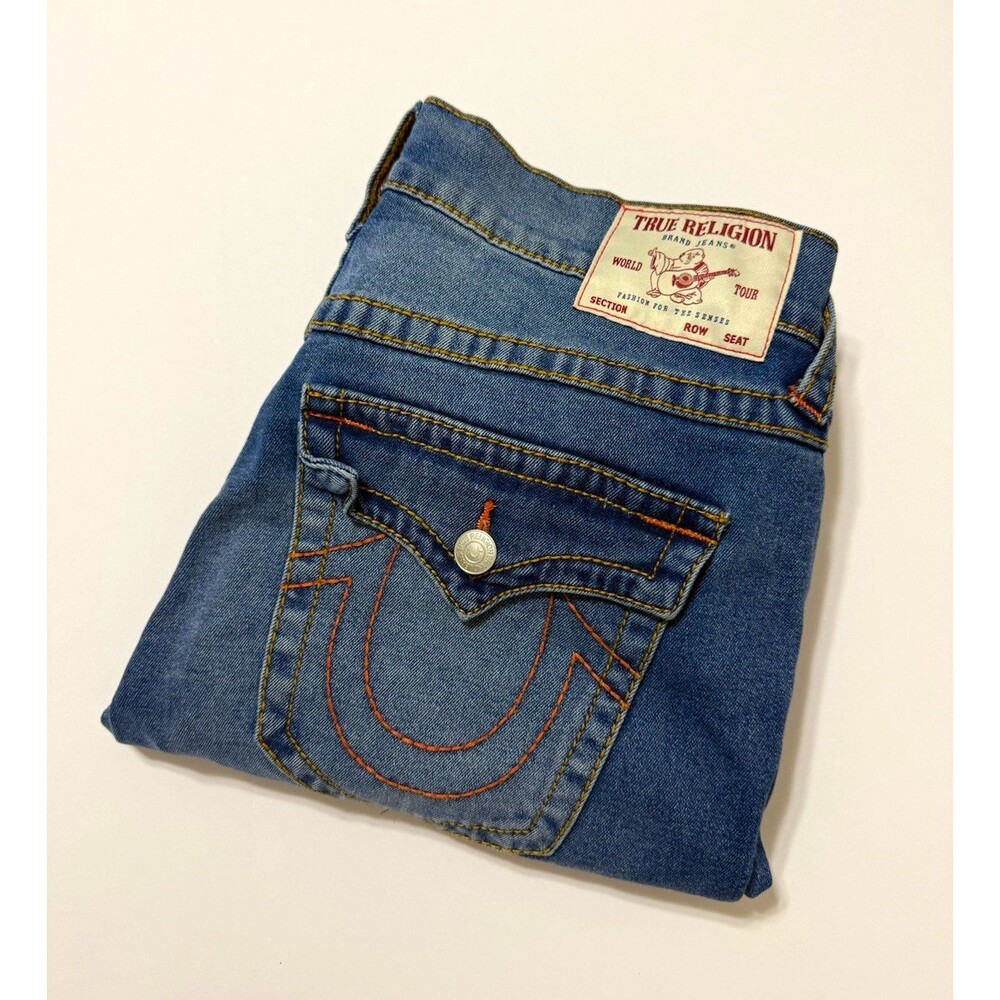 True Religion Ricky Relaxed Straight Jeans Mens 36x32 Flap Pocket Orange Stitch